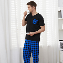 Load image into Gallery viewer, Blue Check Men&#39;s Pyjamas Short Sleeve Loungewear Set
