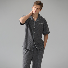 Load image into Gallery viewer, Gray Plaid Short Sleeved Top And Trousers Men&#39;s Pyjamas Set
