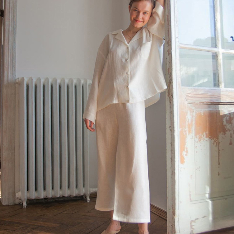 White Cotton and Linen Loose Fit Wide Leg Pyjamas Set