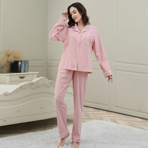 Pure Cotton Solid Color Cardigan Pyjamas Set For Women