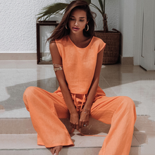 Load image into Gallery viewer, Orange Color Pure Cotton Wide Leg Sleeveless Pyjamas Set
