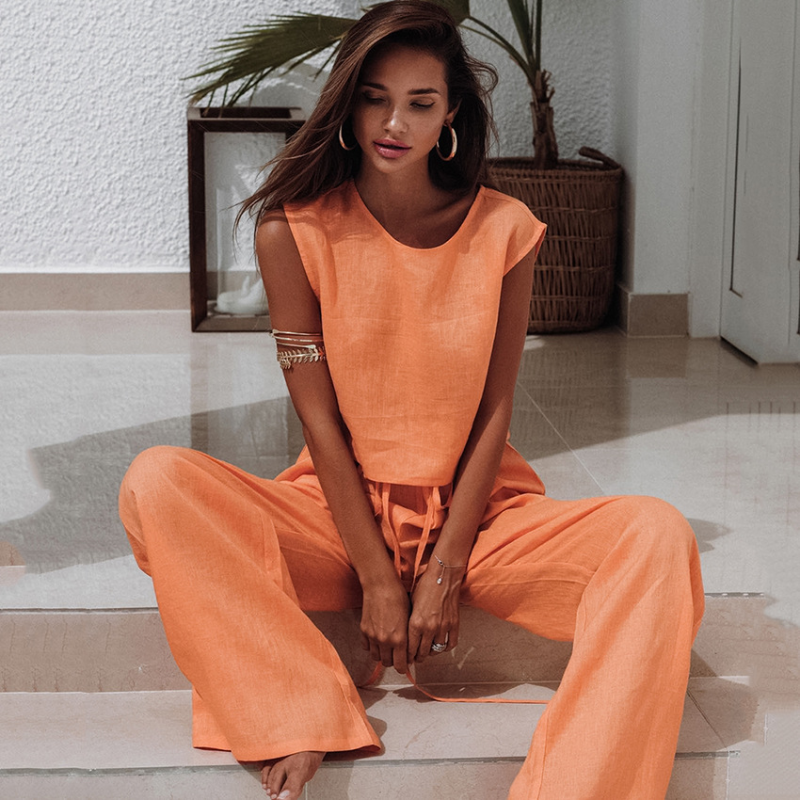 Orange Color Pure Cotton Wide Leg Sleeveless Pyjamas Set