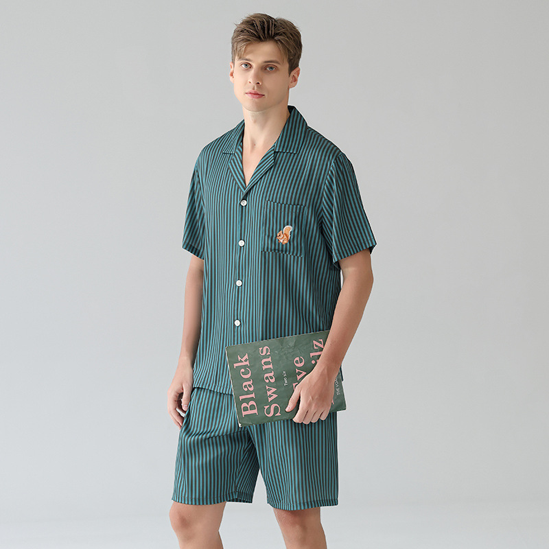 Green Vertical Stripe Short Sleeve Men's Shorts Pyjama Set