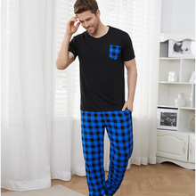 Load image into Gallery viewer, Blue Check Men&#39;s Pyjamas Short Sleeve Loungewear Set
