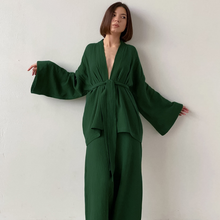 Load image into Gallery viewer, Pure Cotton Wide Leg Solid Color Pyjamas and Kimono Set
