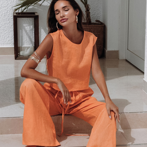 Orange Color Pure Cotton Wide Leg Sleeveless Pyjamas Set