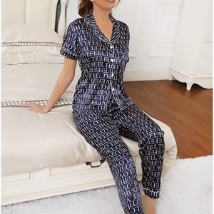 Letter Printed Satin Imitation Silk Pyjamas Set