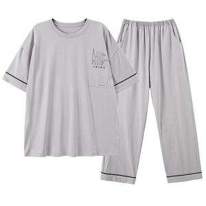 Round Neck Short Sleeved Light Gray Men's Pyjamas Set