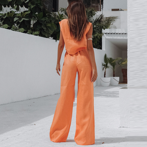 Orange Color Pure Cotton Wide Leg Sleeveless Pyjamas Set