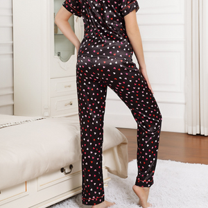 Heart Print Lapel Silk Pyjamas Set