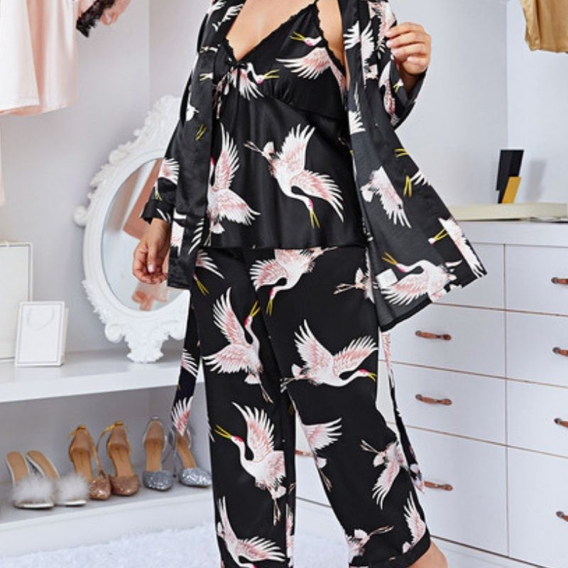 Black Flamingo 3 Piece Silk Pyjamas Set