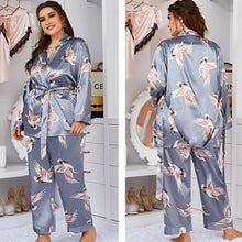 Load image into Gallery viewer, Fog Grey Flamingo 3 Piece Silk Pyjama Set
