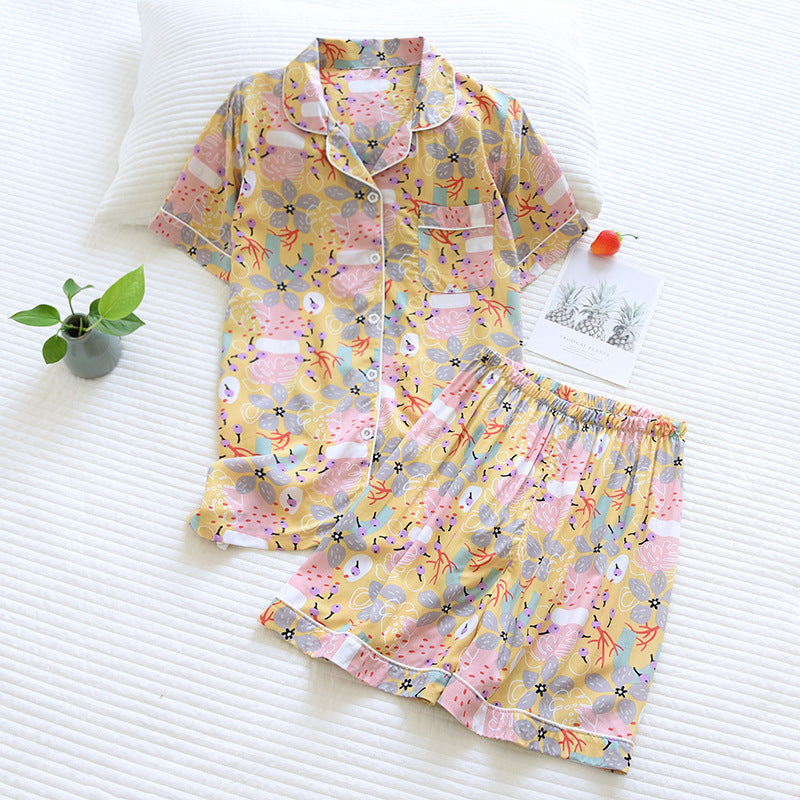 Printed Cotton Short-Sleeved Shorts Pajamas Set